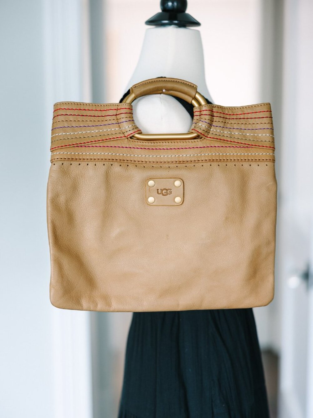 UGG Soft Leather Tote Handbag | Tan Grained Leather | Multicolor Striped Lining